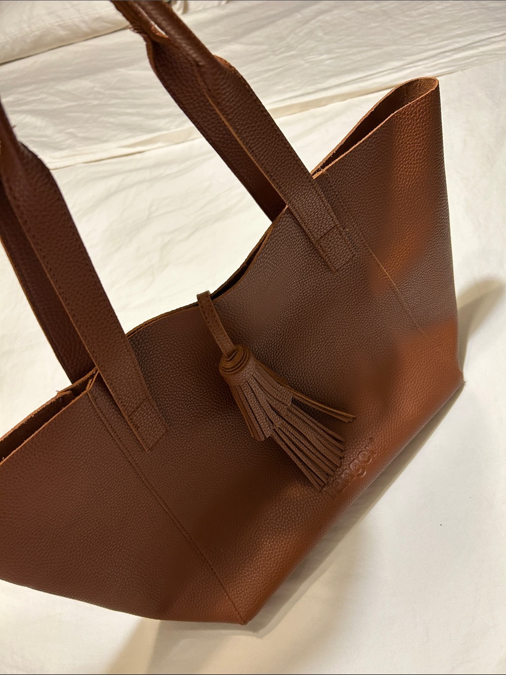 Brown Leather (vegan?) Tassel Tote Bag, Like New!